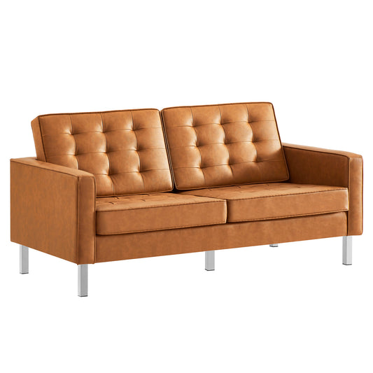 Luma Upholstered Faux Leather Loveseat, Silver & Tan