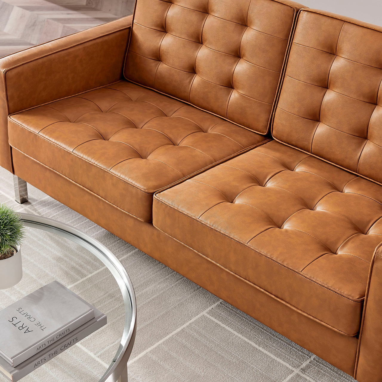 Luma Upholstered Faux Leather Loveseat, Silver & Tan