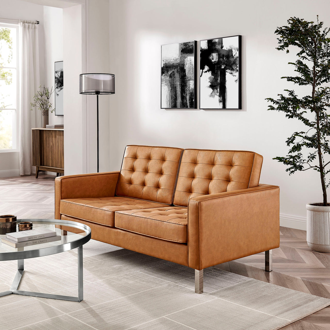 Luma Upholstered Faux Leather Loveseat, Silver & Tan