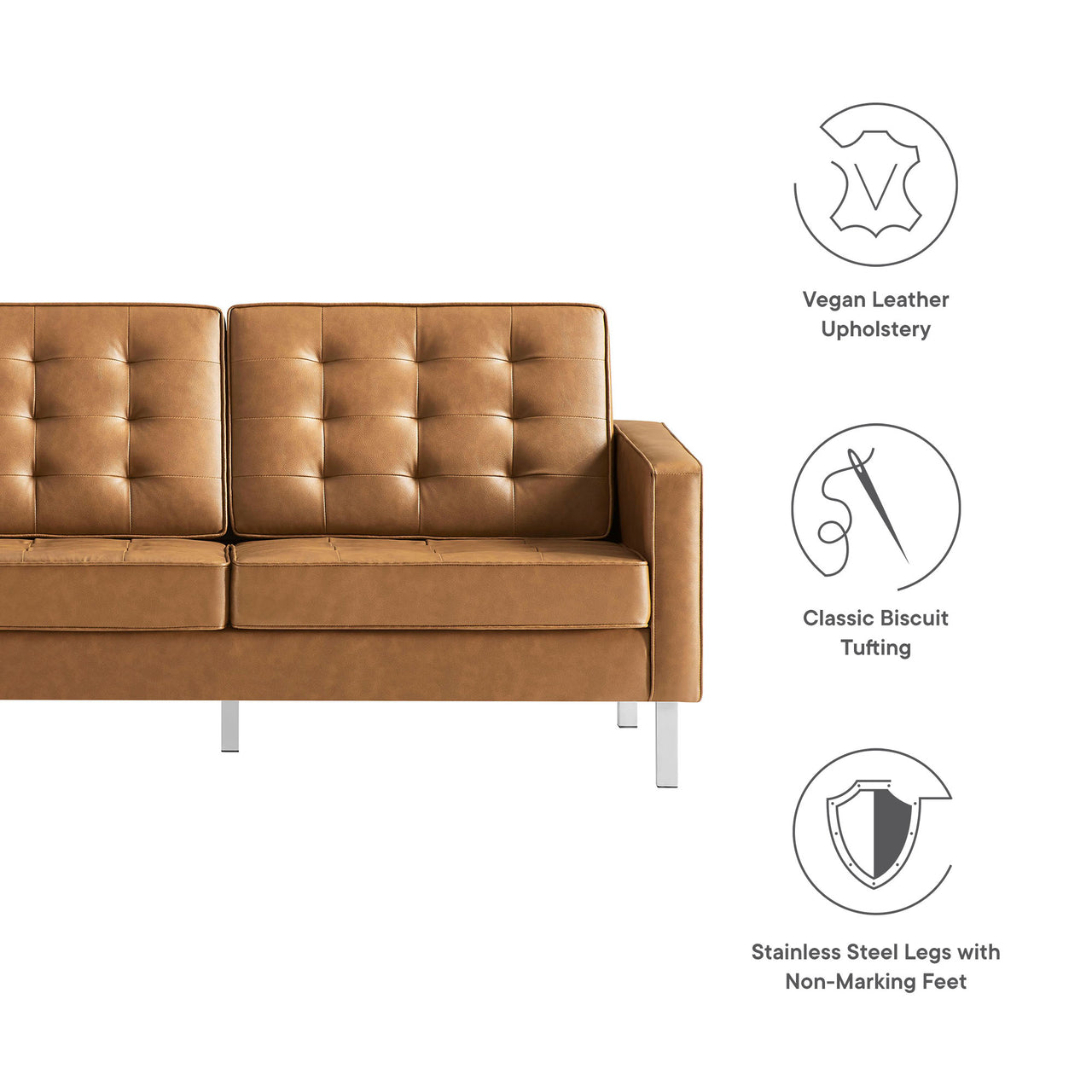 Luma Upholstered Faux Leather Loveseat, Silver & Tan