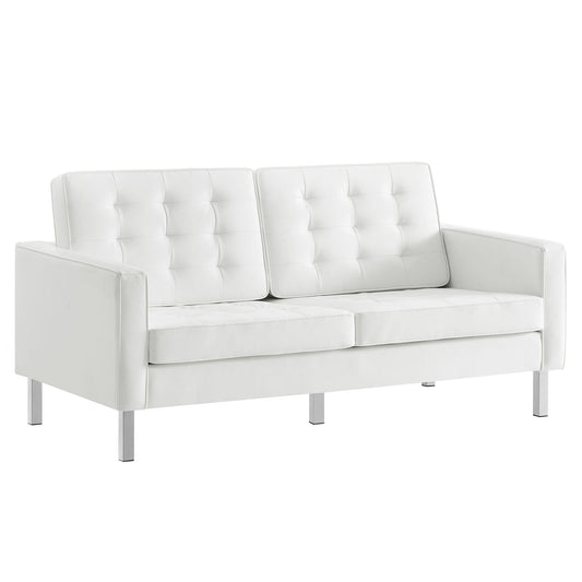 Luma Upholstered Faux Leather Loveseat, Silver & White