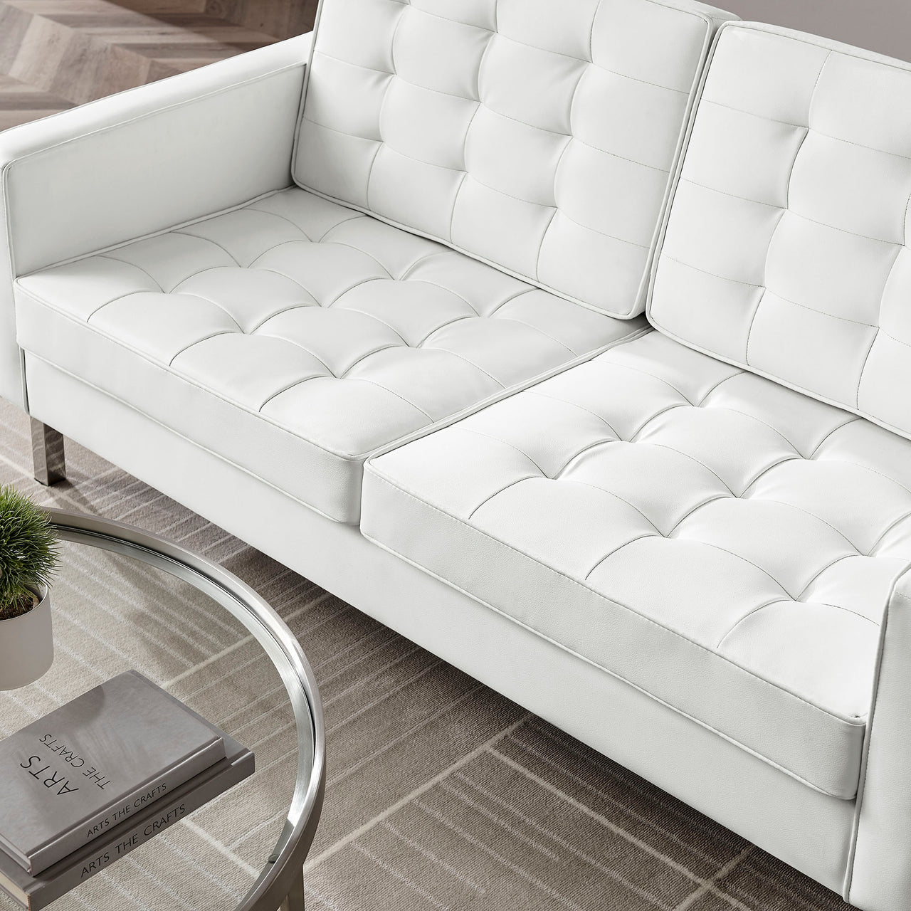 Luma Upholstered Faux Leather Loveseat, Silver & White