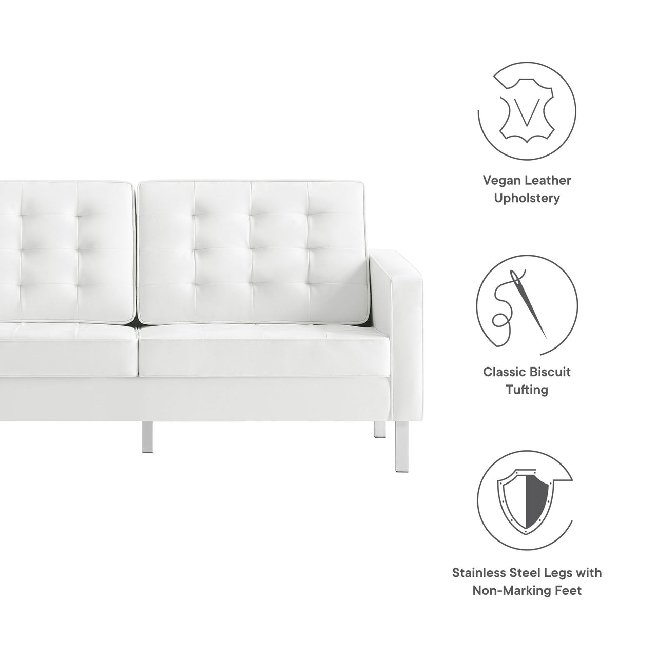 Luma Upholstered Faux Leather Loveseat, Silver & White
