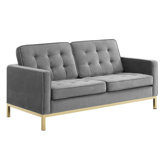 Luma Upholstered Velvet Loveseat, Gold & Gray