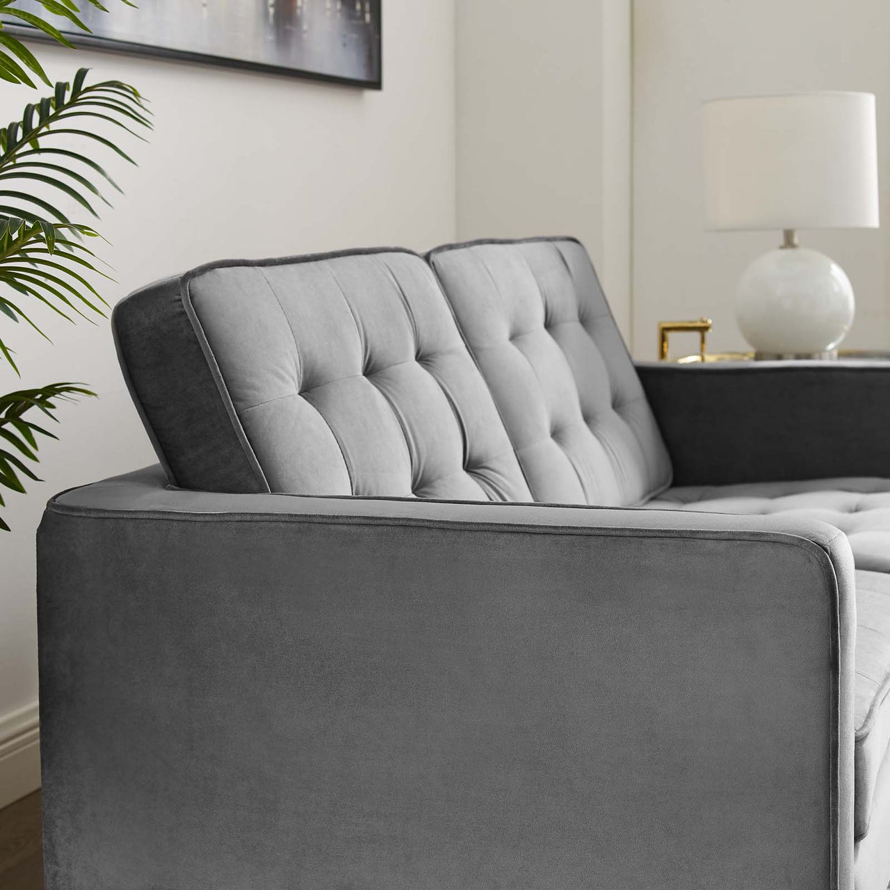 Luma Upholstered Velvet Loveseat, Gold & Gray