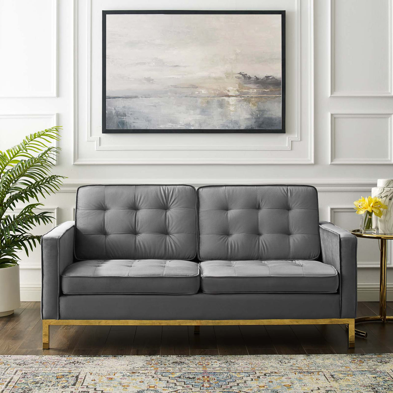 Luma Upholstered Velvet Loveseat, Gold & Gray