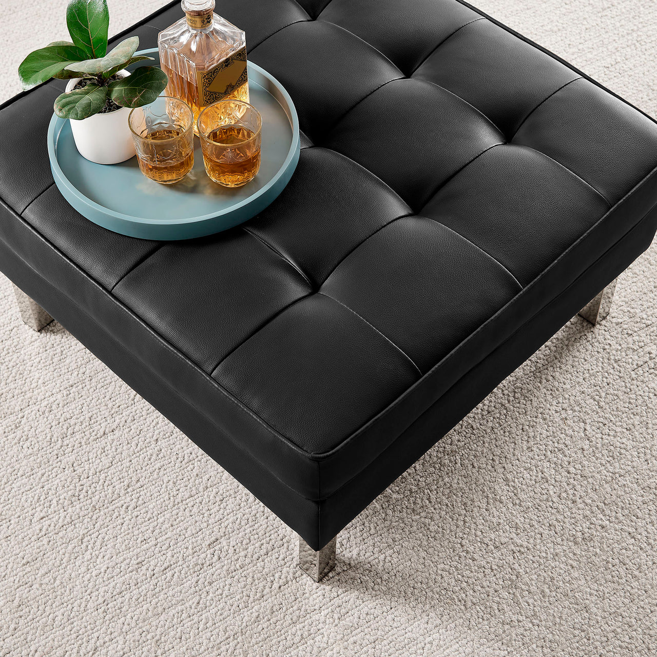 Luma Upholstered Faux Leather Ottoman, Silver & Black