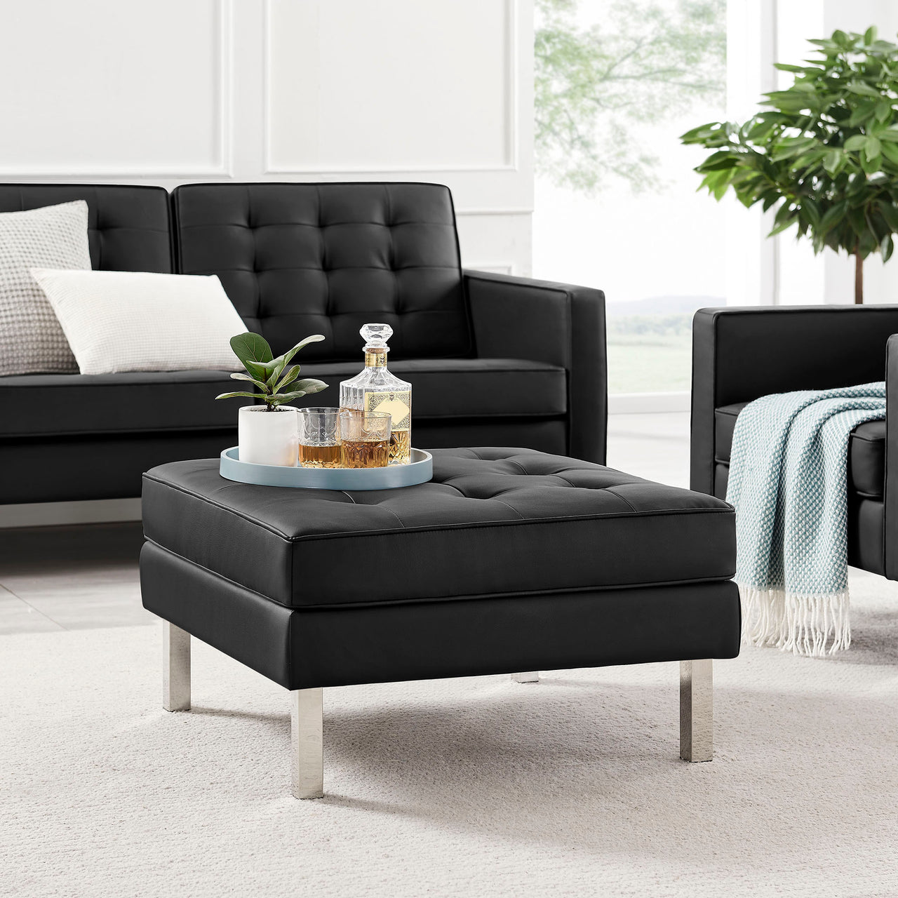 Luma Upholstered Faux Leather Ottoman, Silver & Black