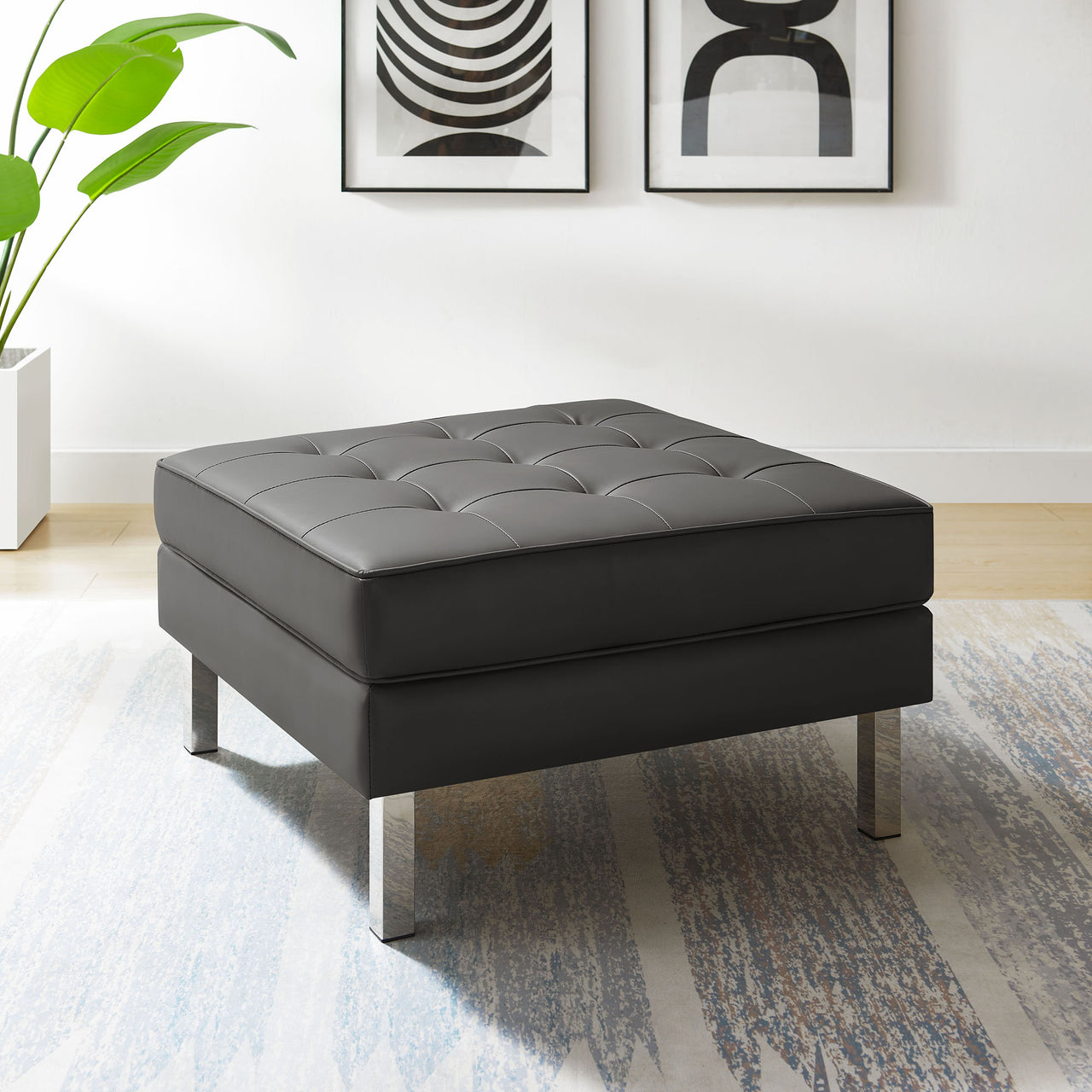Luma Upholstered Faux Leather Ottoman, Silver & Gray