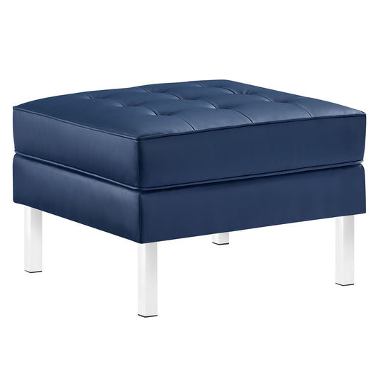 Luma Upholstered Faux Leather Ottoman, Silver & Navy