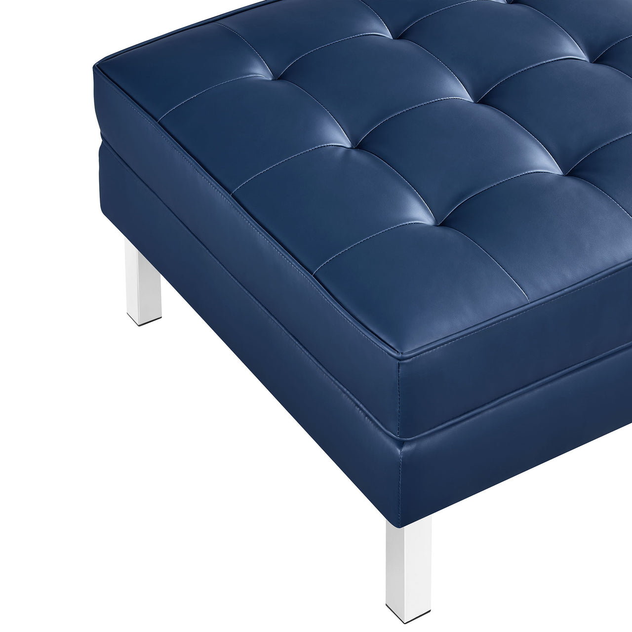 Luma Upholstered Faux Leather Ottoman, Silver & Navy