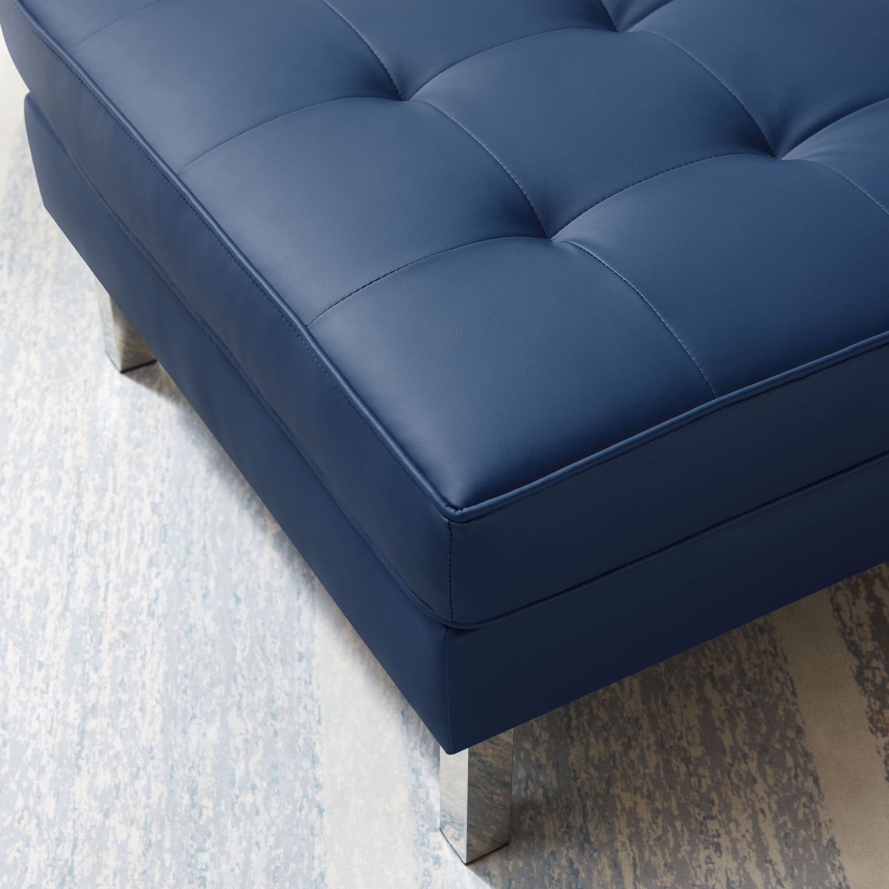 Luma Upholstered Faux Leather Ottoman, Silver & Navy