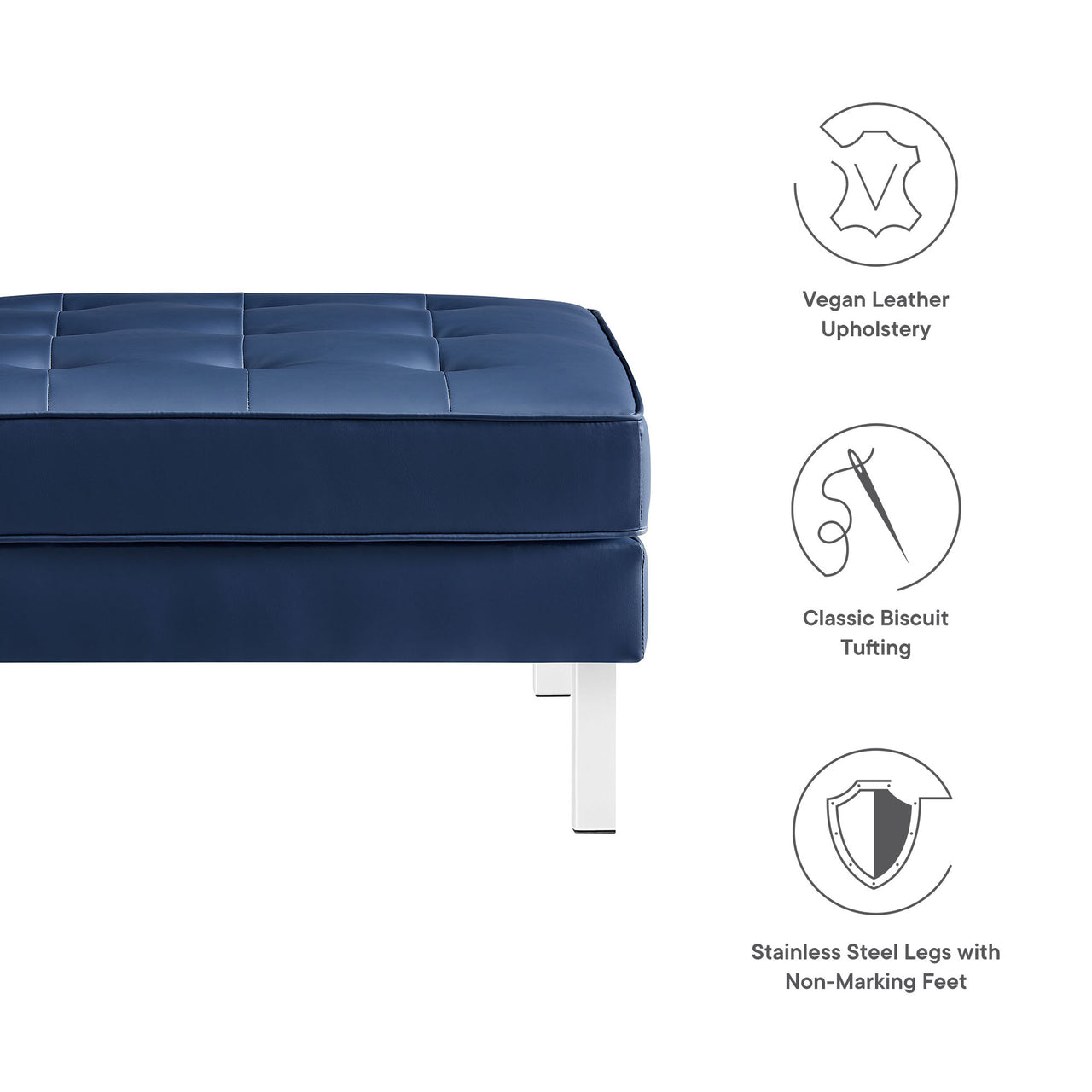 Luma Upholstered Faux Leather Ottoman, Silver & Navy