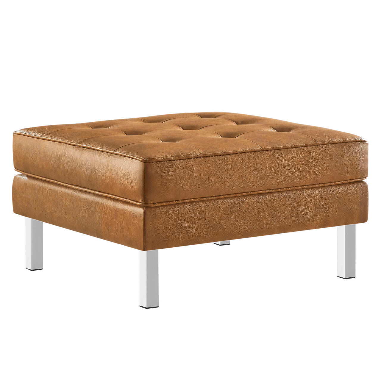 Luma Upholstered Faux Leather Ottoman, Silver & Tan