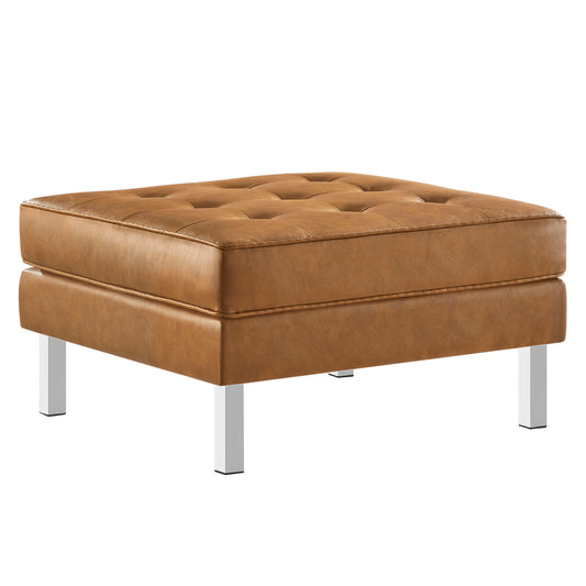 Luma Upholstered Faux Leather Ottoman, Silver & Tan