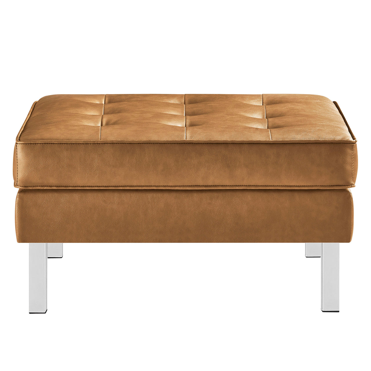 Luma Upholstered Faux Leather Ottoman, Silver & Tan
