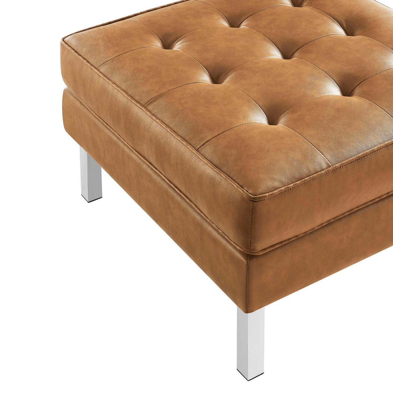 Luma Upholstered Faux Leather Ottoman, Silver & Tan