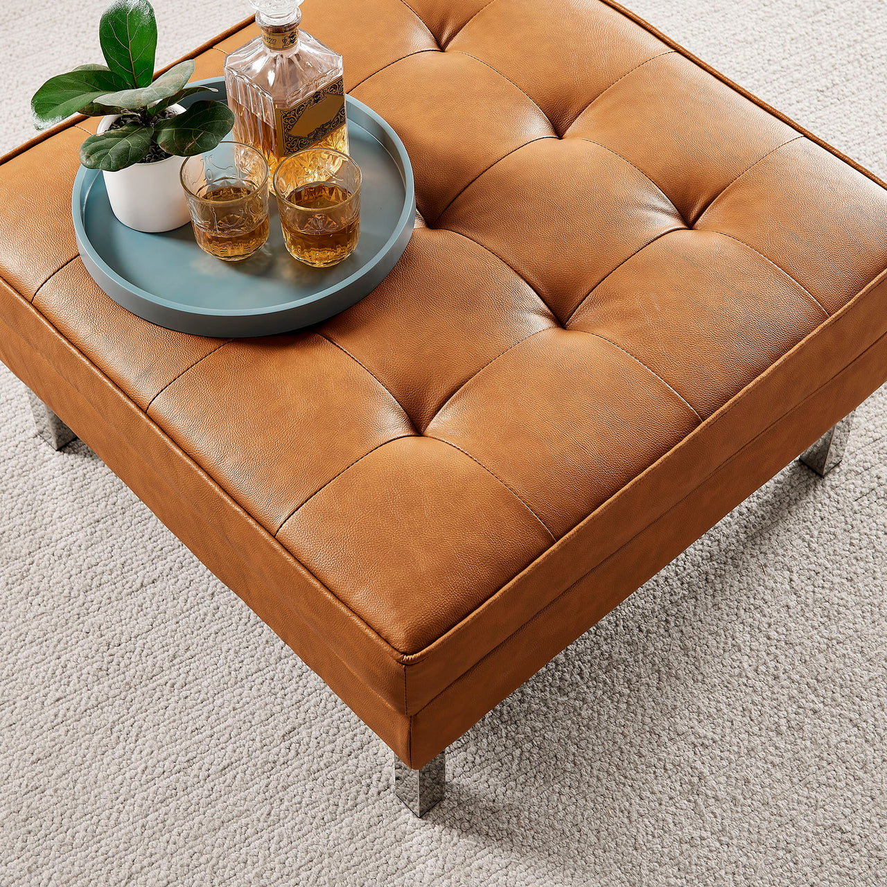Luma Upholstered Faux Leather Ottoman, Silver & Tan