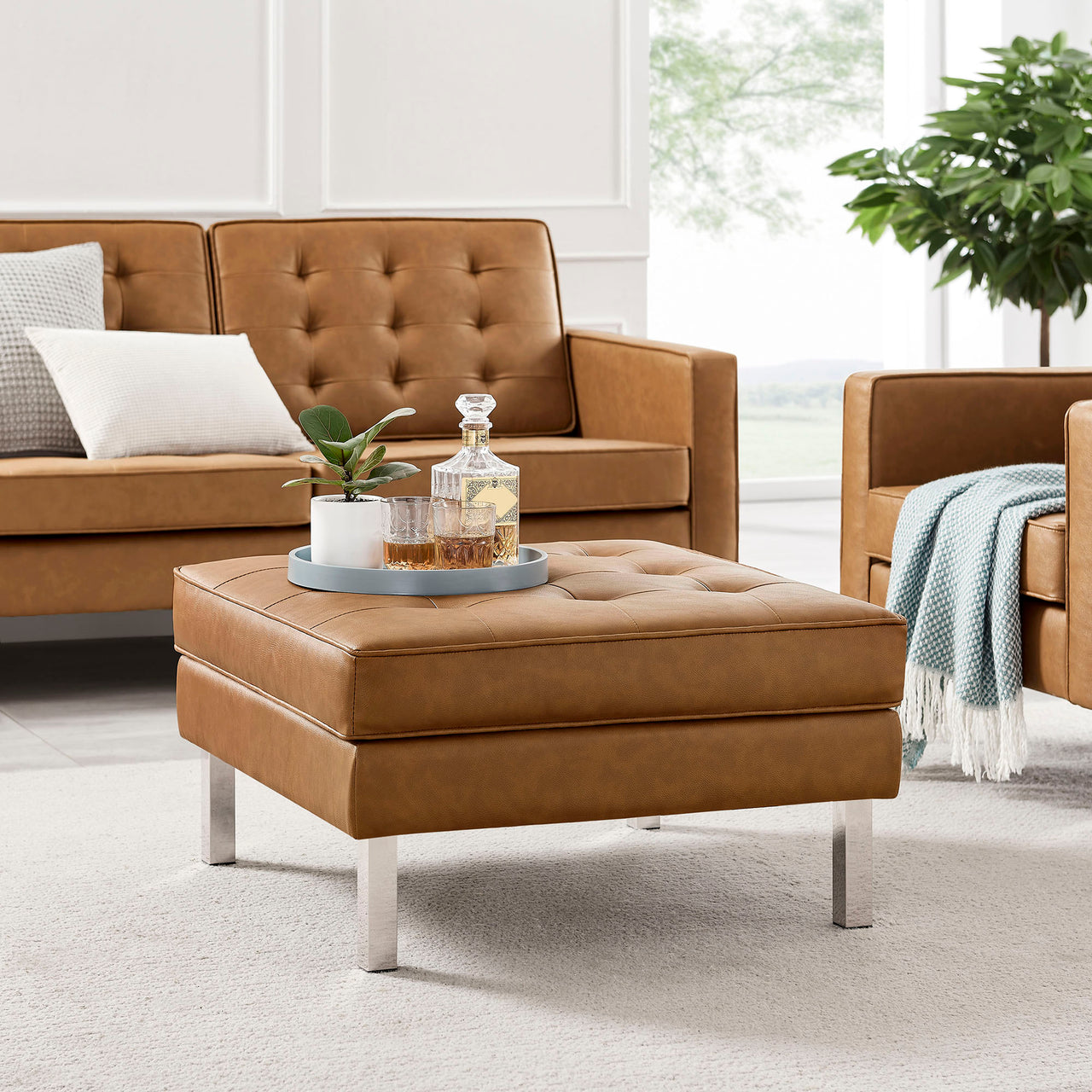 Luma Upholstered Faux Leather Ottoman, Silver & Tan