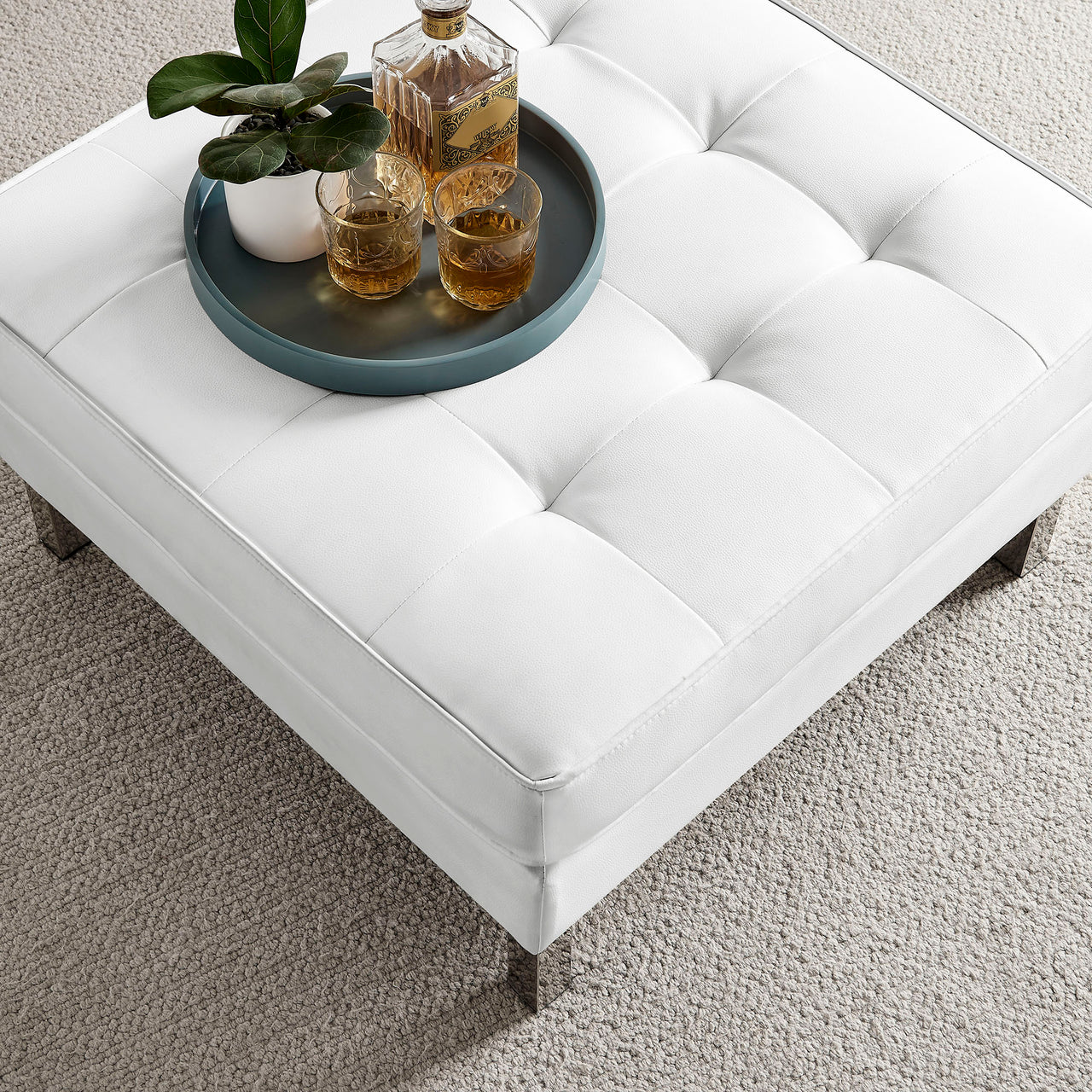 Luma Upholstered Faux Leather Ottoman, Silver & White