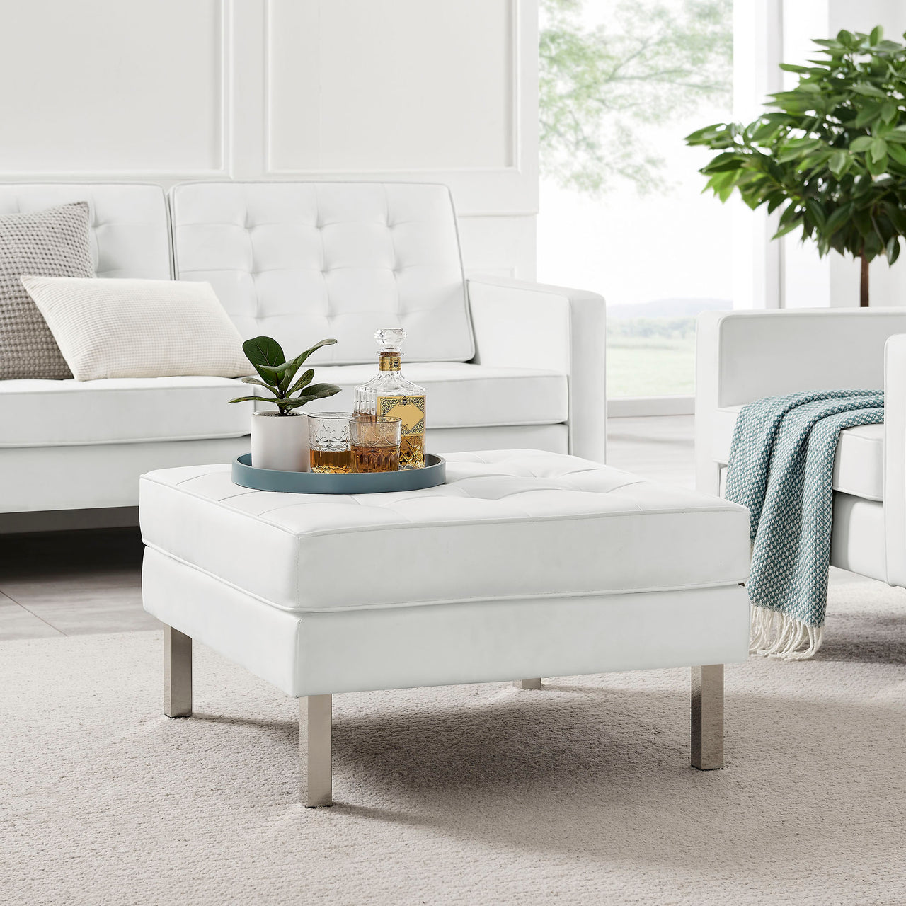 Luma Upholstered Faux Leather Ottoman, Silver & White