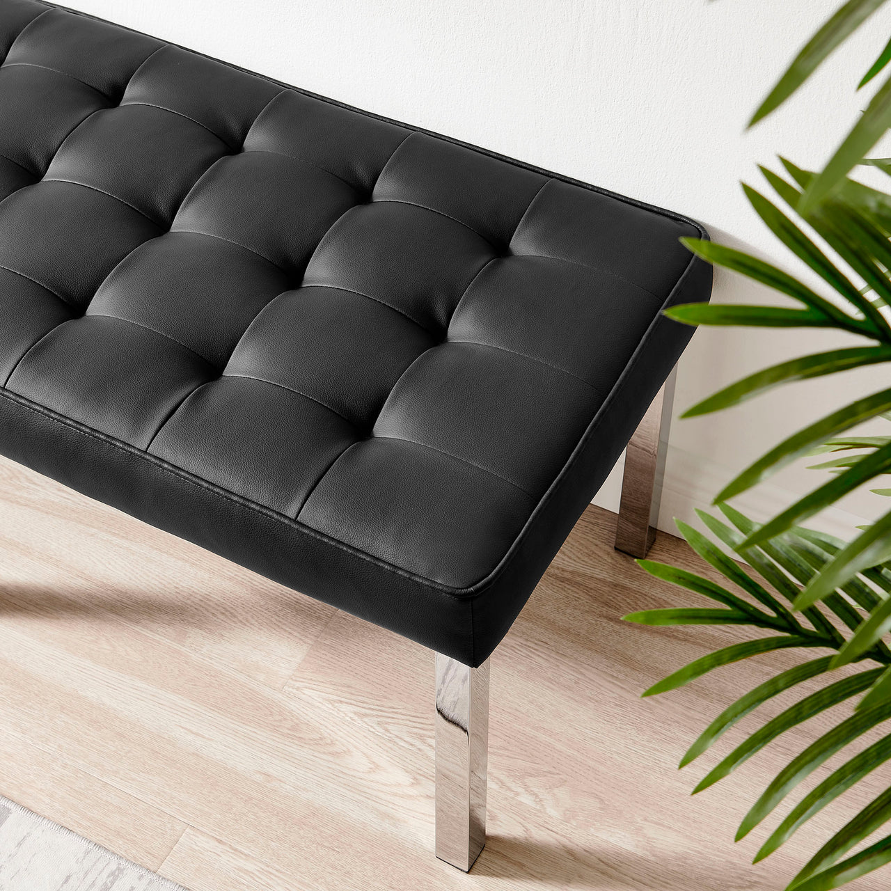 Luma Upholstered Faux Leather Bench, Silver & Black