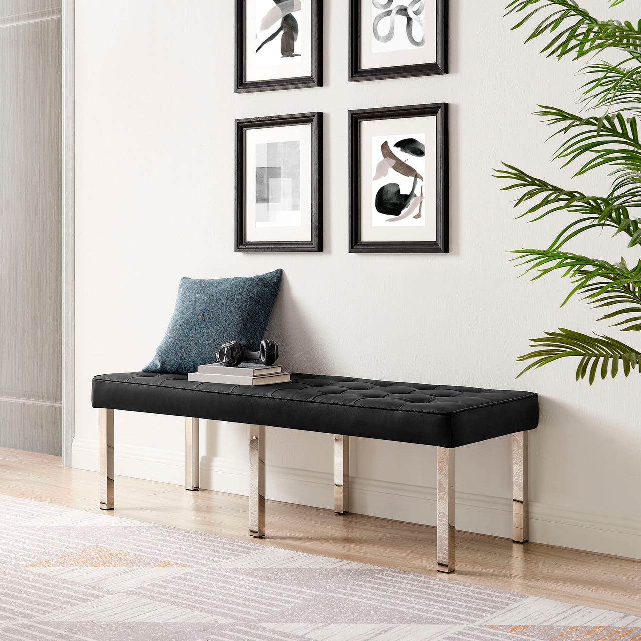 Luma Upholstered Faux Leather Bench, Silver & Black