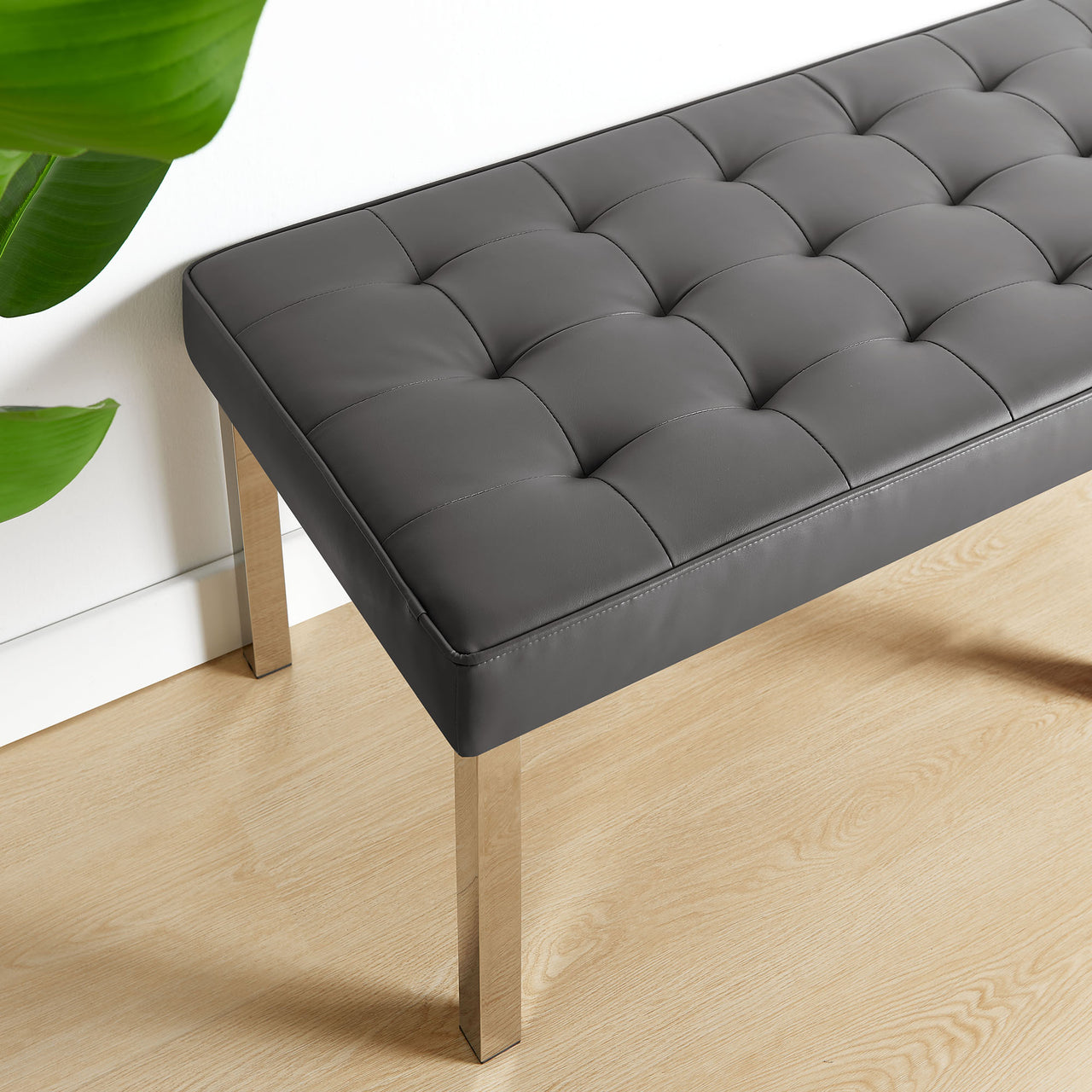 Luma Upholstered Faux Leather Bench, Silver & Gray