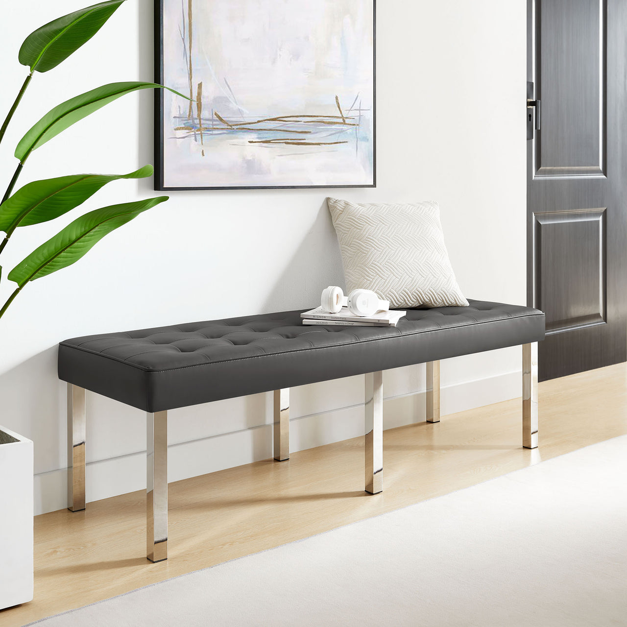 Luma Upholstered Faux Leather Bench, Silver & Gray