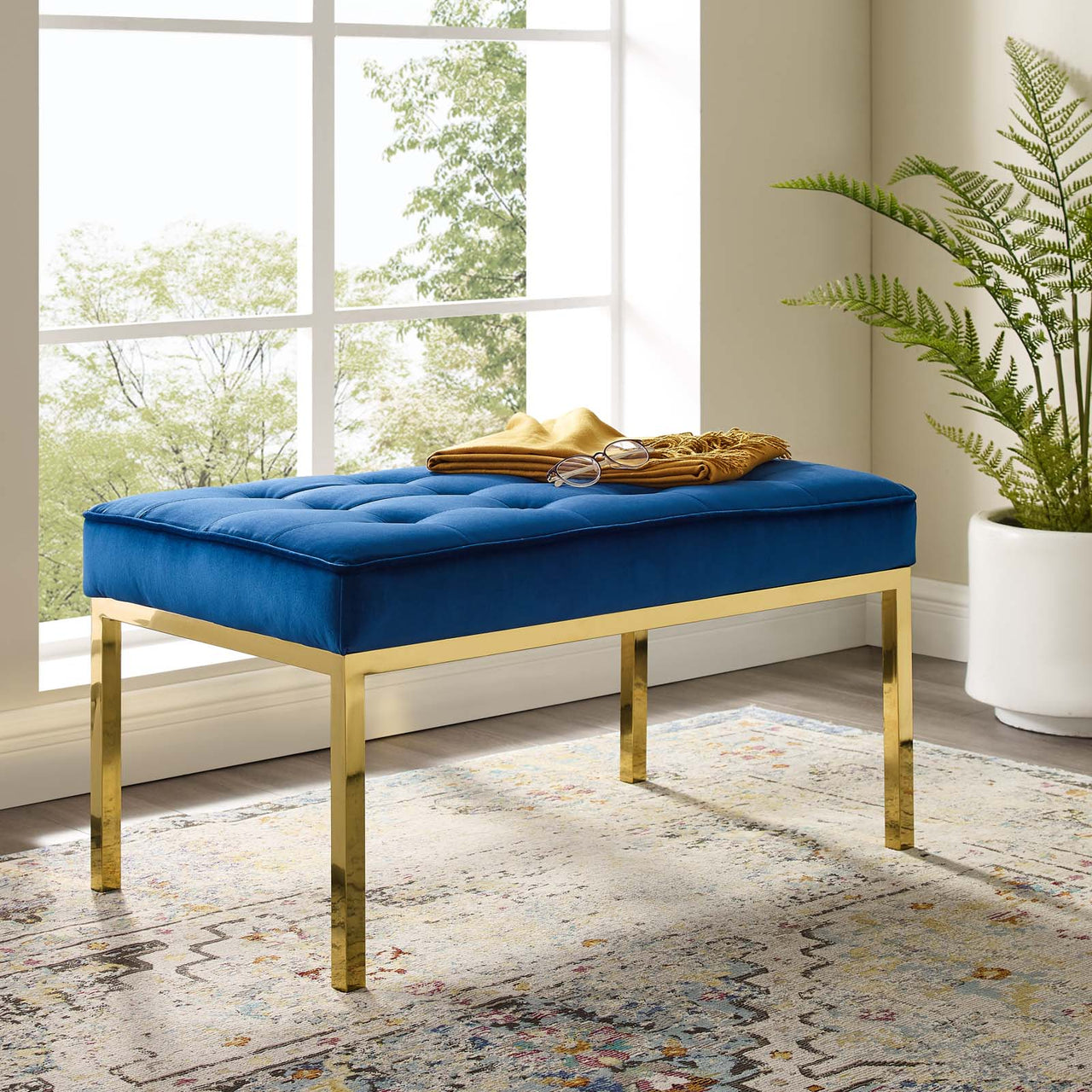 Luma Upholstered Velvet Bench, Gold & Navy