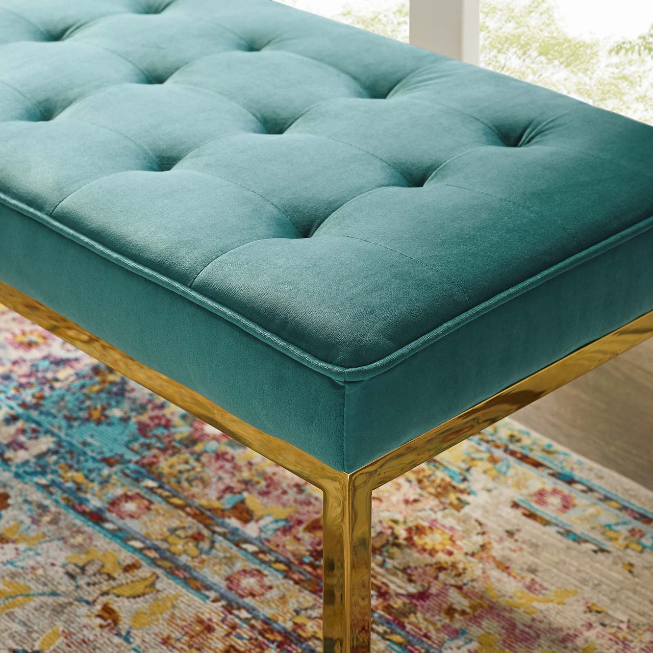 Luma Upholstered Velvet Bench, Gold & Teal