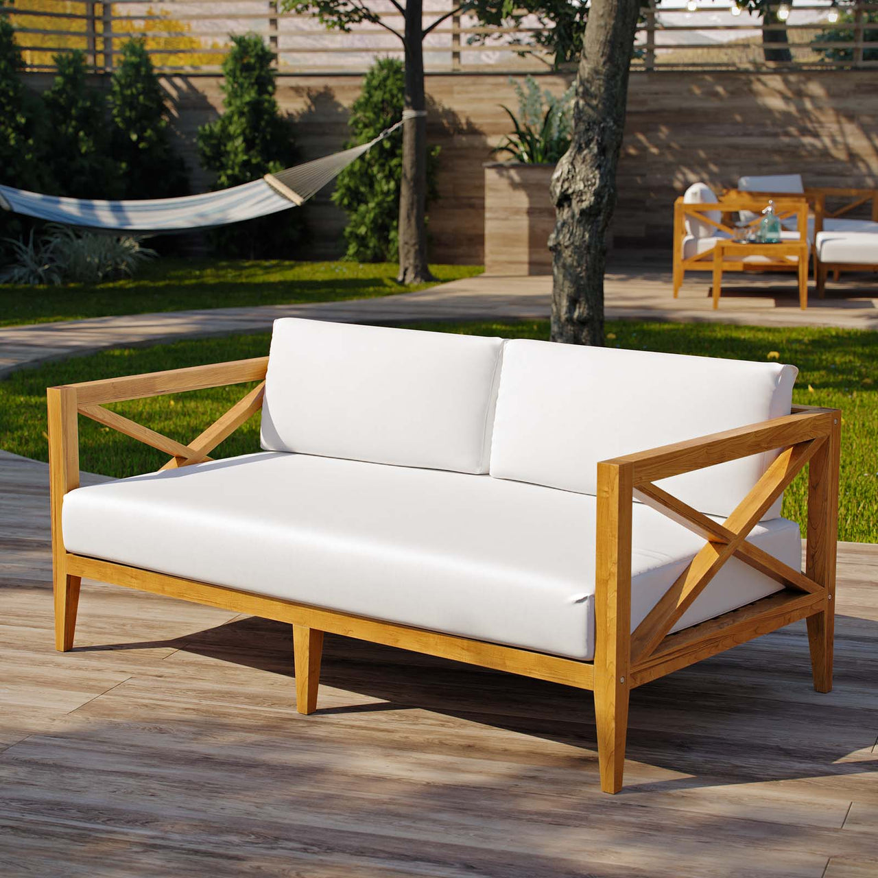 Fioren Alfresco Element Resistant Teak Sofa, Natural Wood & White