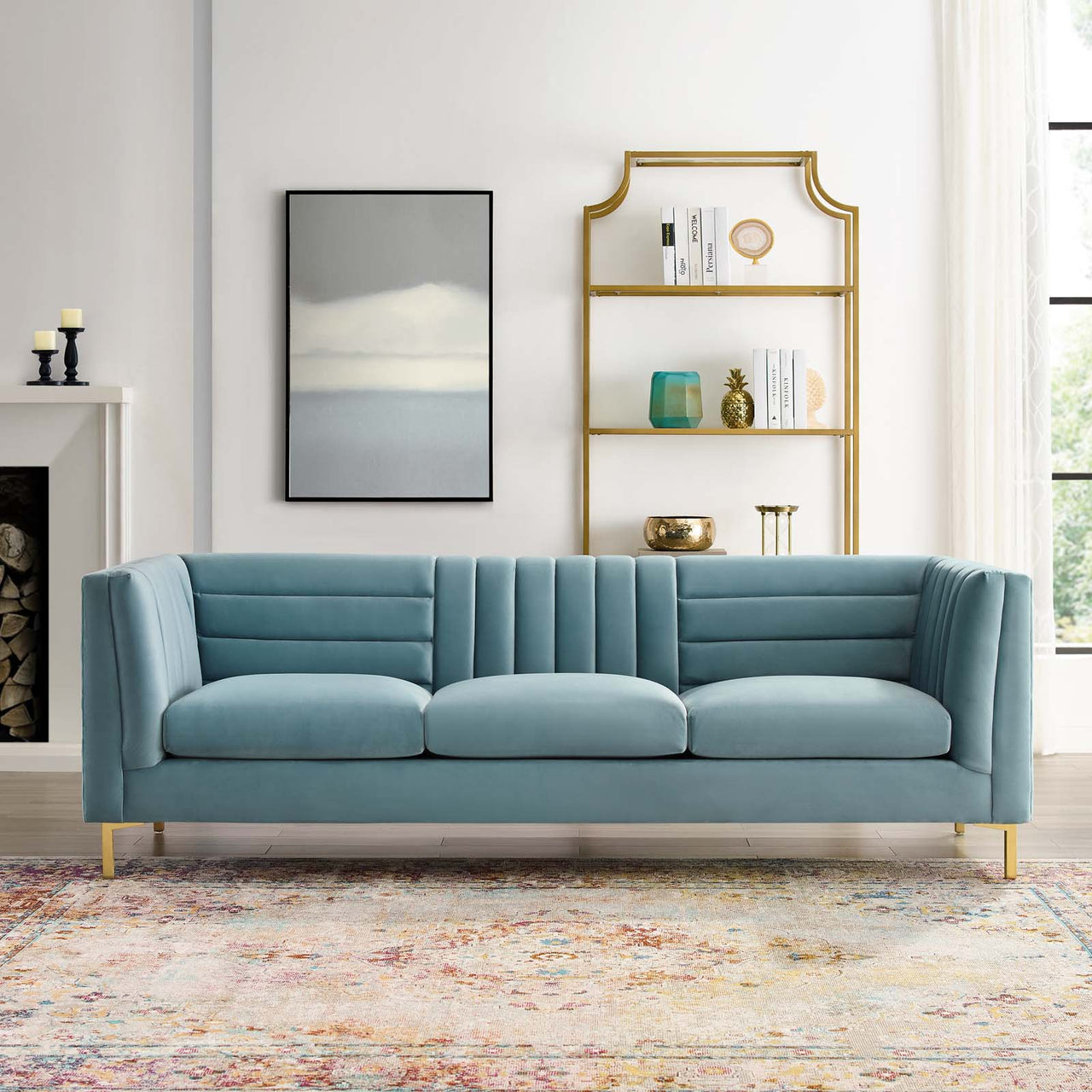 Aurevine Upholstered Velvet Sofa, Light Blue