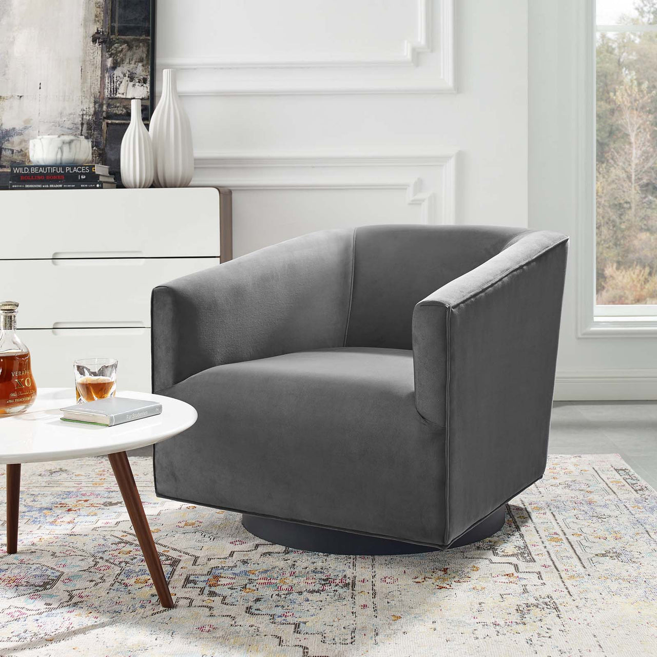 Windsor Upholstered Velvet Swivel Chair, Gray