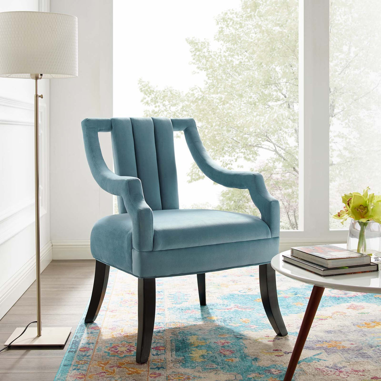 Inkwell Upholstered Velvet Armchair, Light Blue