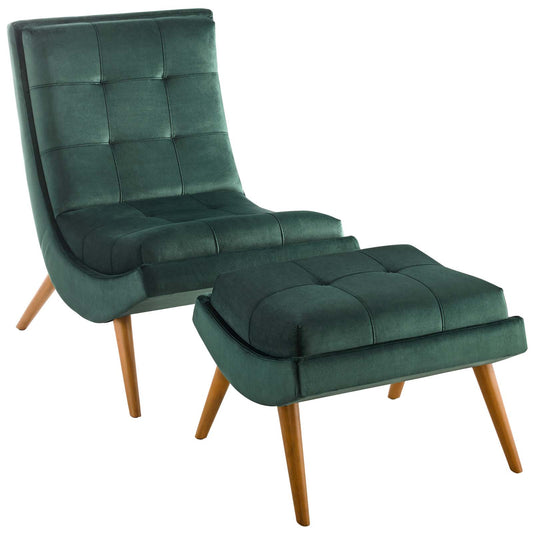 Glide Upholstered Velvet Lounge Chair w/ Ottoman, Green