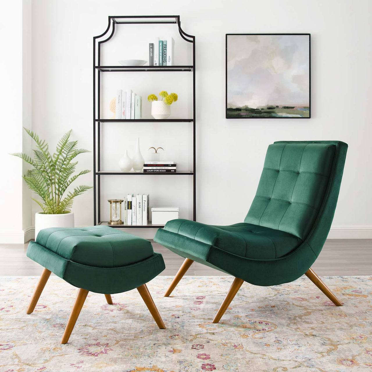 Glide Upholstered Velvet Lounge Chair w/ Ottoman, Green