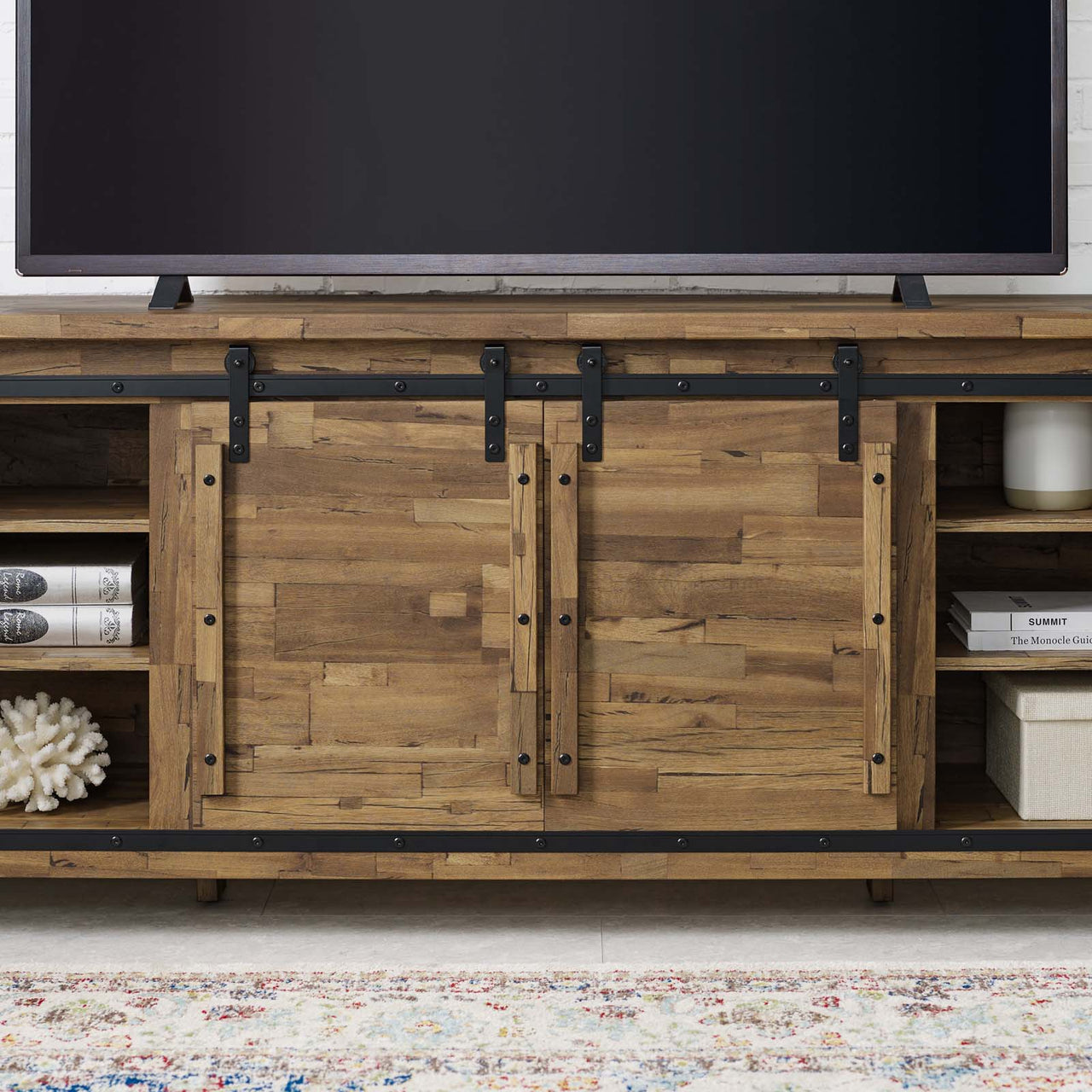 Jest TV Stand w/ Sliding Doors, Walnut