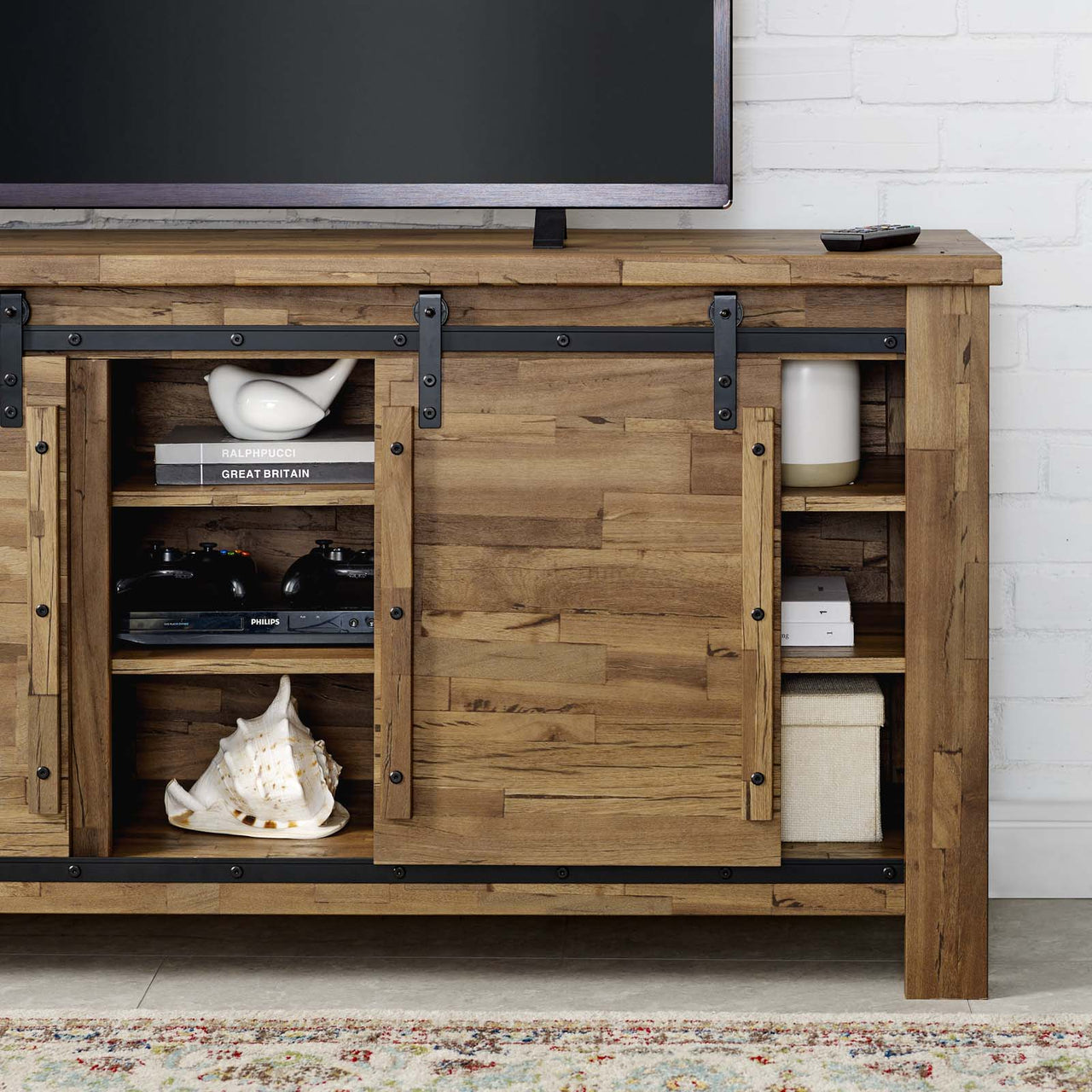 Jest TV Stand w/ Sliding Doors, Walnut