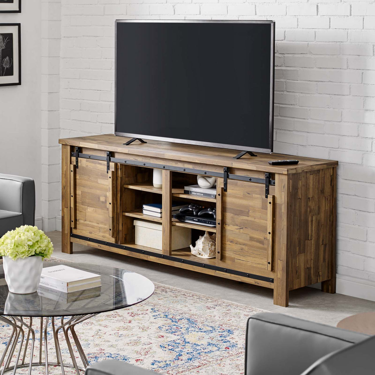 Jest TV Stand w/ Sliding Doors, Walnut