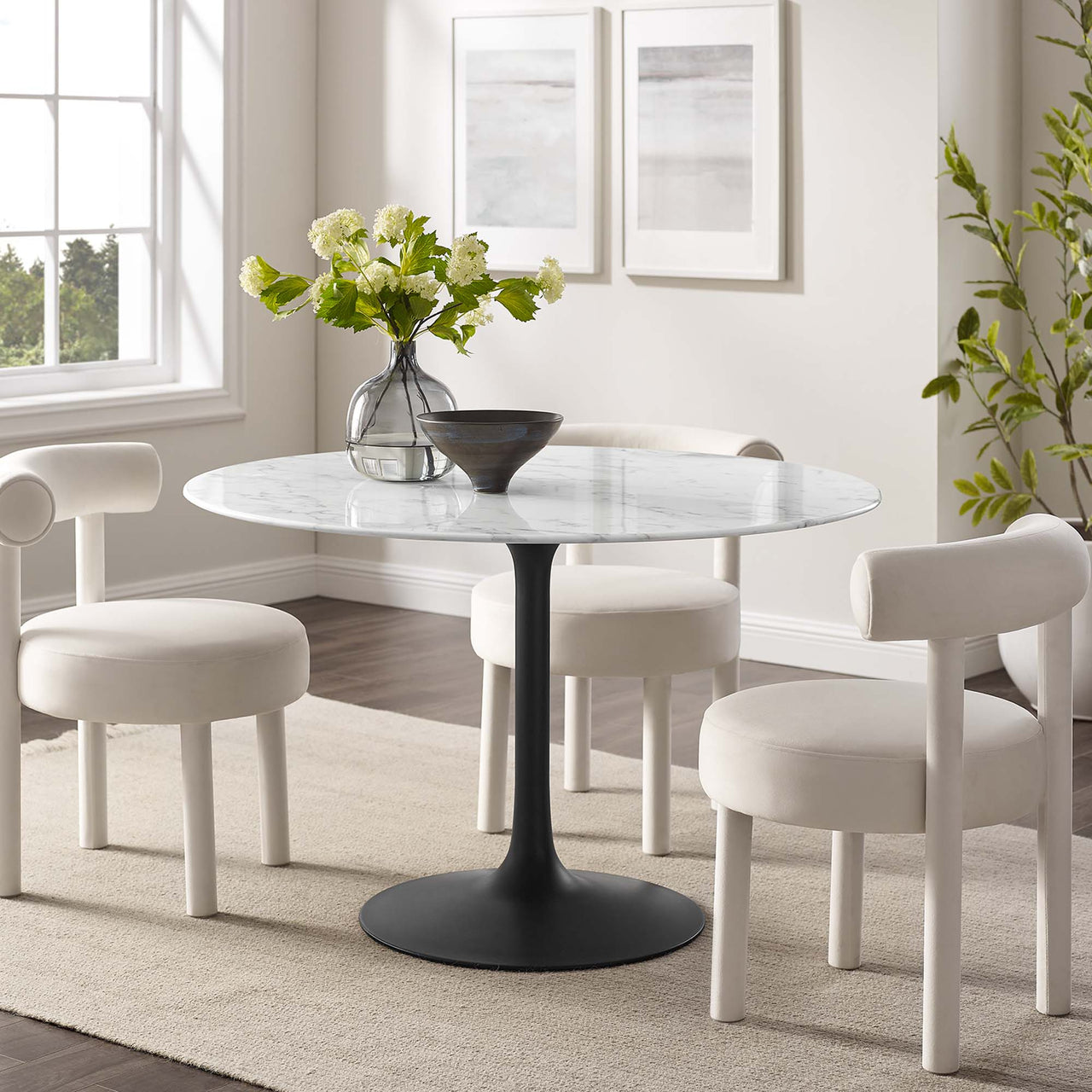 Ensemble Round Faux Marble Dining Table, Large, Black & White