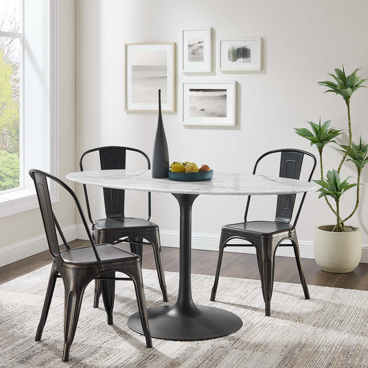 Ensemble Oval Faux Marble Dining Table, Medium, Black & White