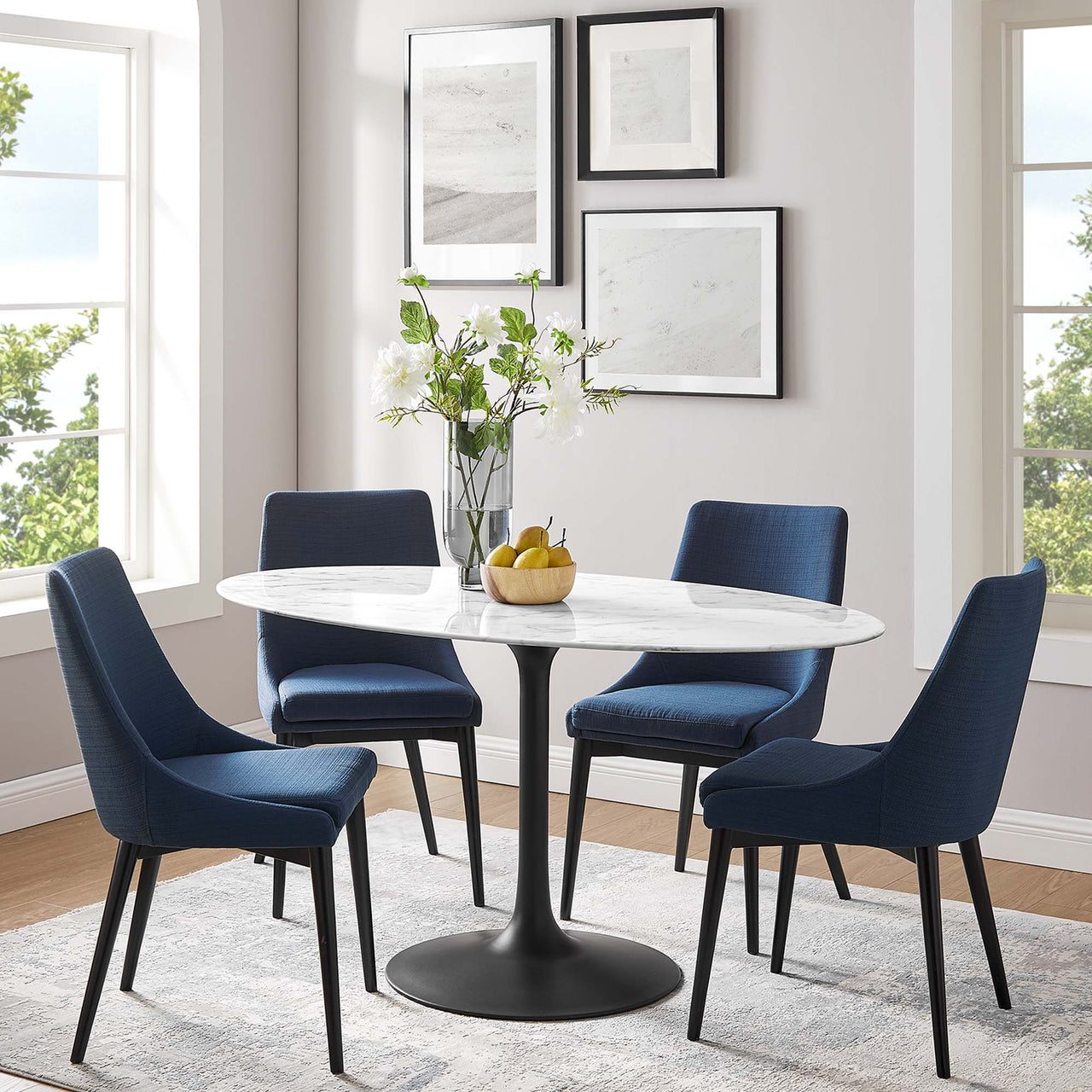 Ensemble Oval Faux Marble Dining Table, Large, Black & White