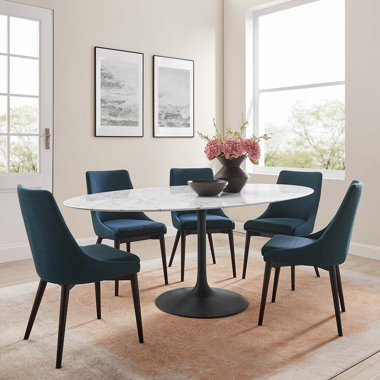 Ensemble Oval Faux Marble Dining Table, Extra Large, Black & White