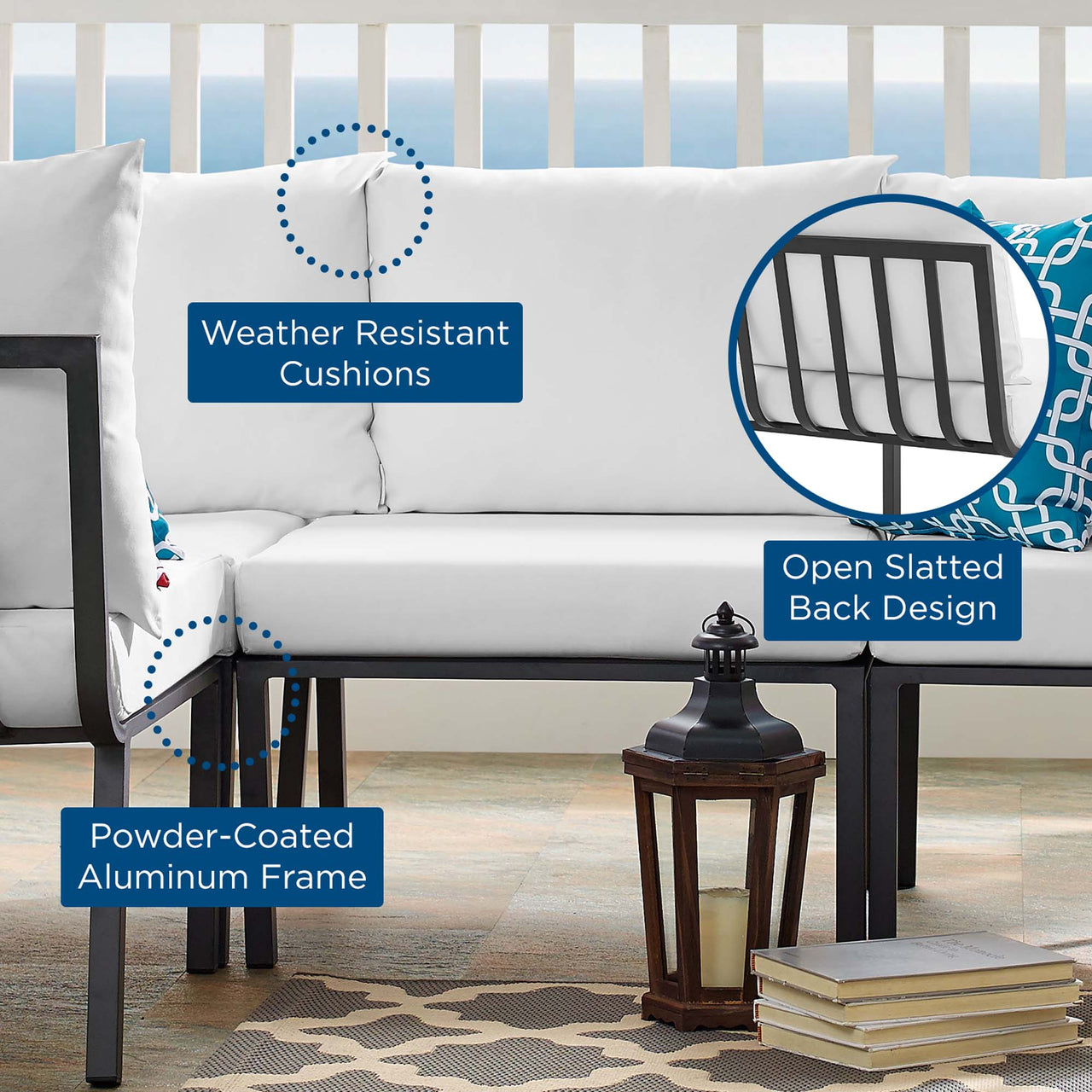 Ocevara Alfresco Armless Chair | Outdoor Modular Sectional Component, Gray & White