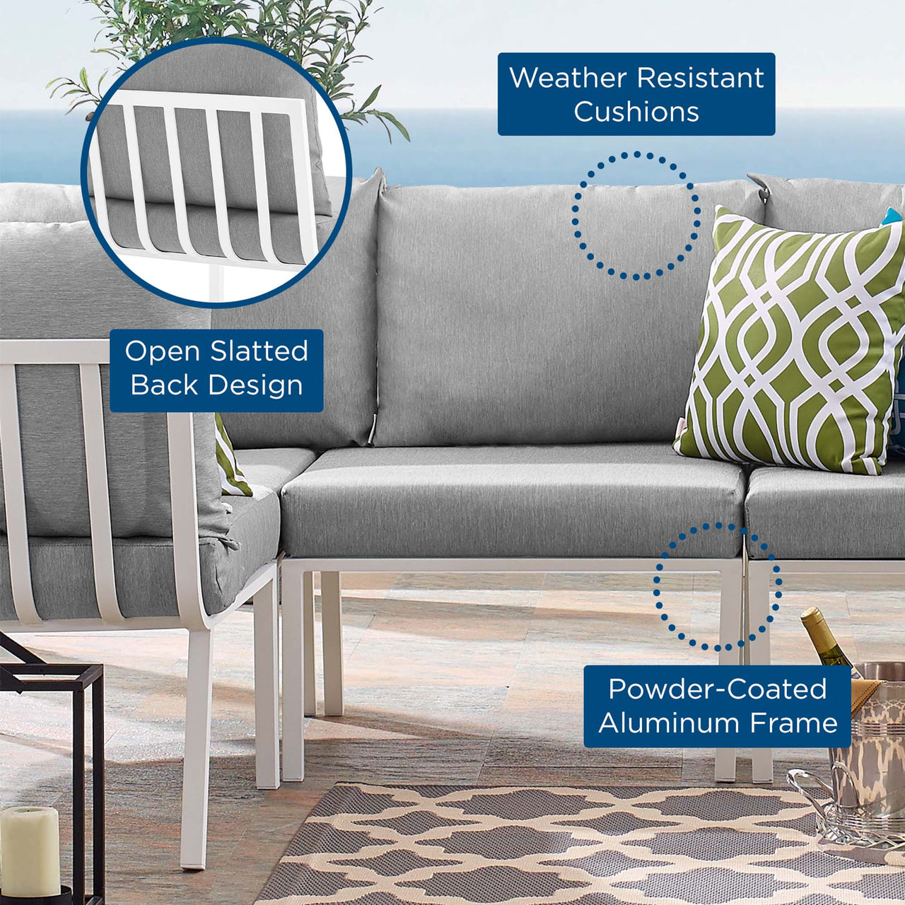 Ocevara Alfresco Armless Chair | Outdoor Modular Sectional Component, White & Gray
