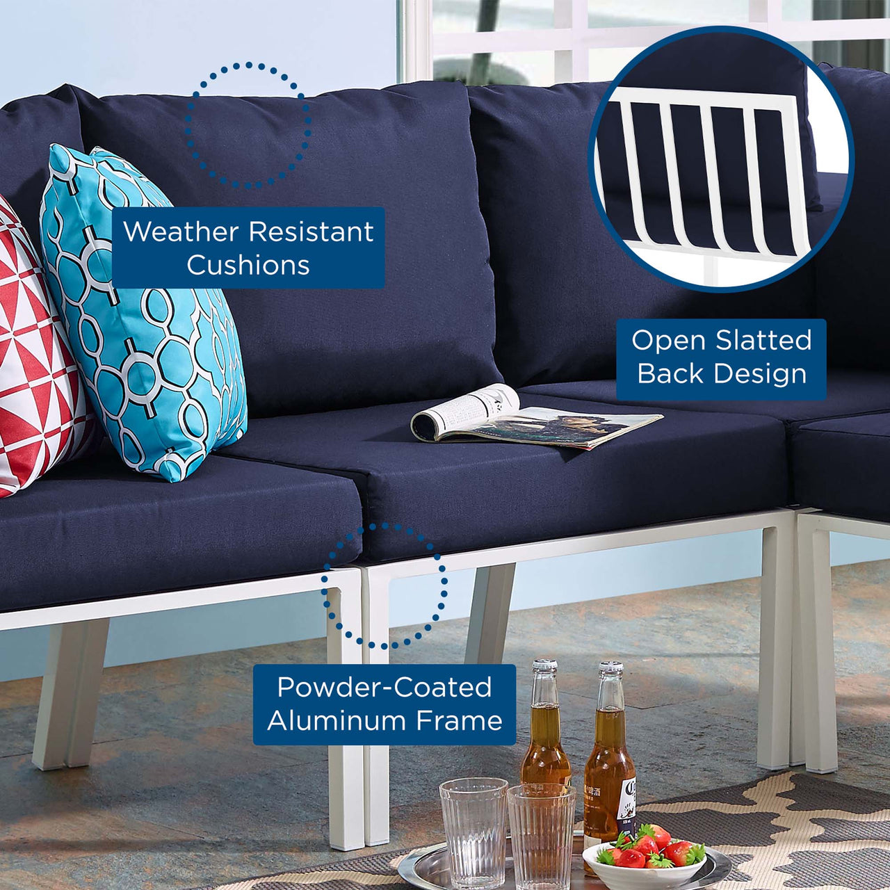 Ocevara Alfresco Armless Chair | Outdoor Modular Sectional Component, White & Navy