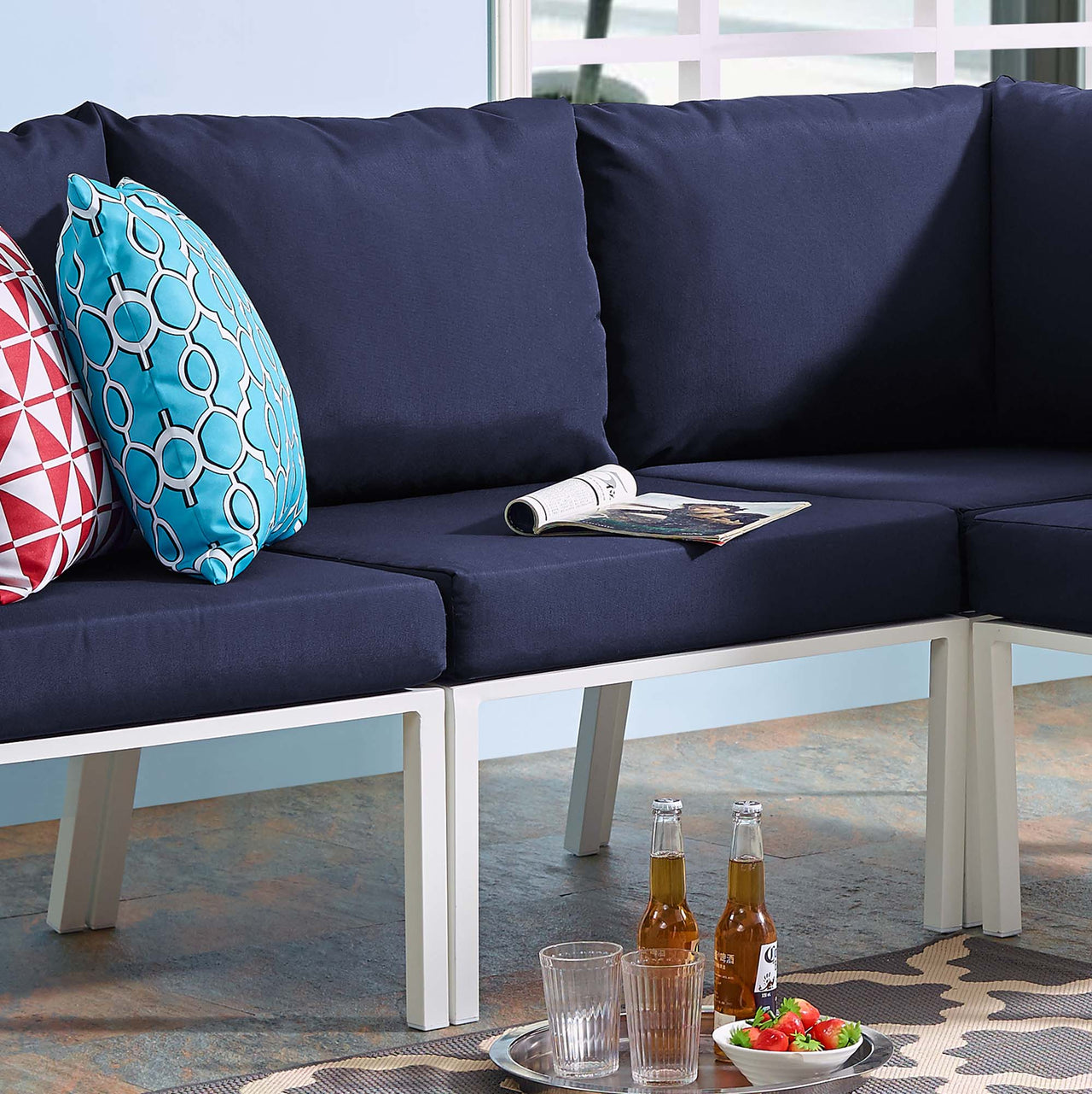 Ocevara Alfresco Armless Chair | Outdoor Modular Sectional Component, White & Navy