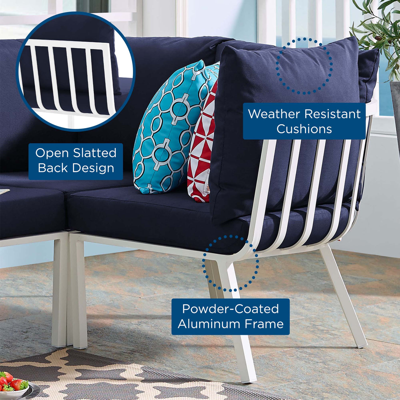 Ocevara Alfresco Corner Chair | Outdoor Modular Sectional Component, White & Navy