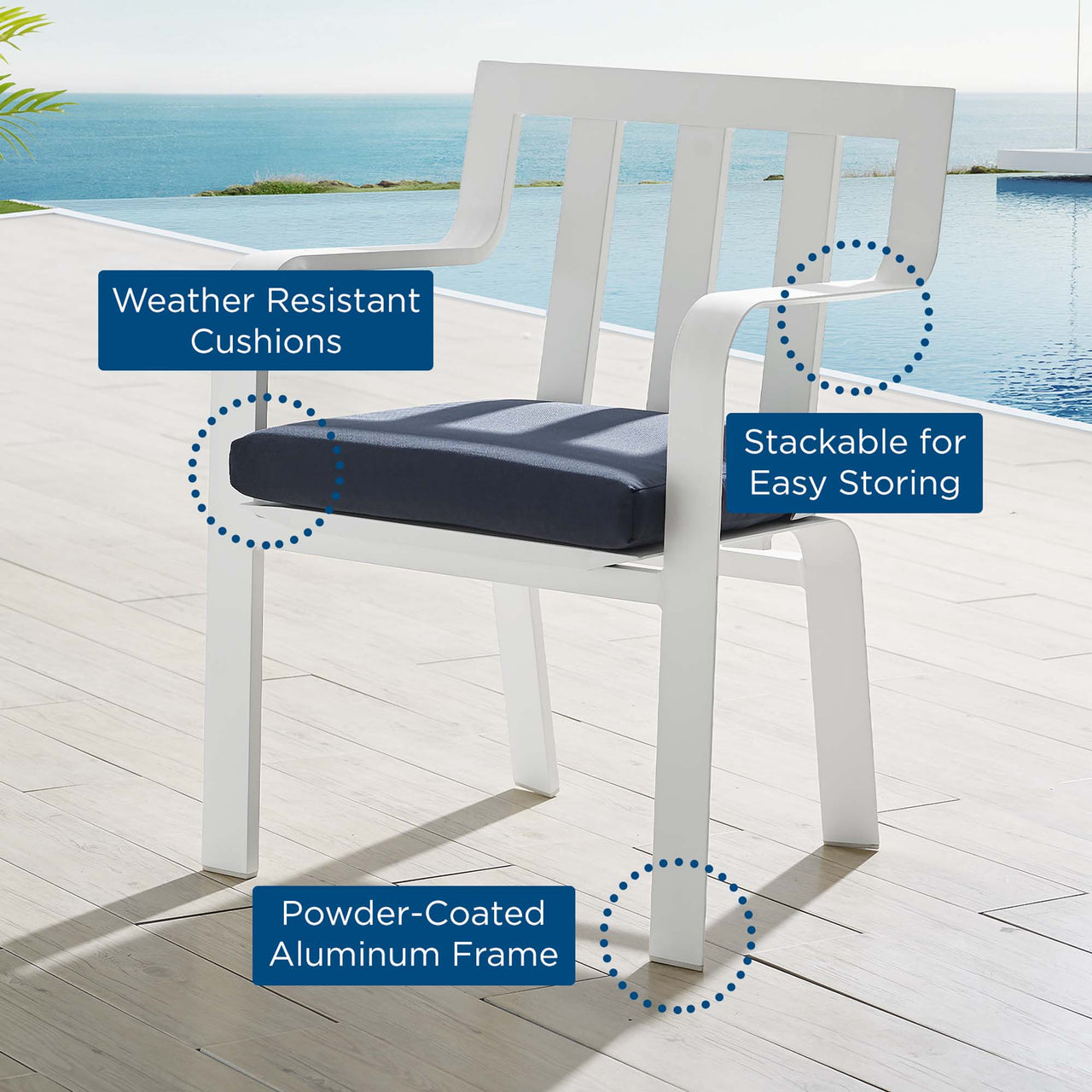 Tessan Stackable Alfresco Dining Armchair, White & Navy